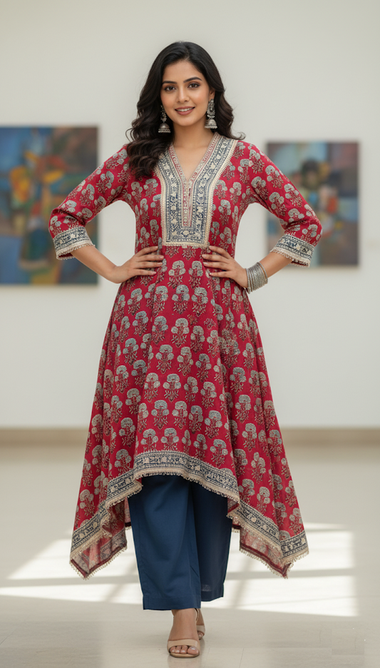 Ajrakh Block Print Suit with Asymmetric Styling & Embroidery - Asankh