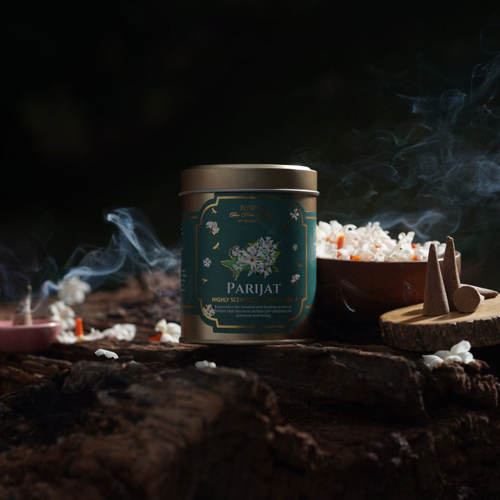 Parijat incense stick container with smoke and incense cones on a dark background