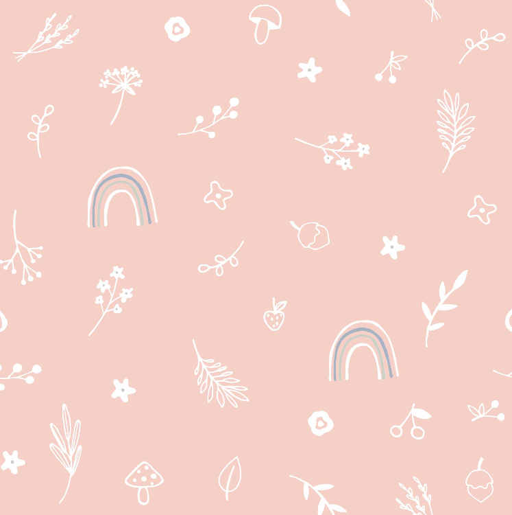 Pattern of rainbows, flowers, and leaves on a pink background