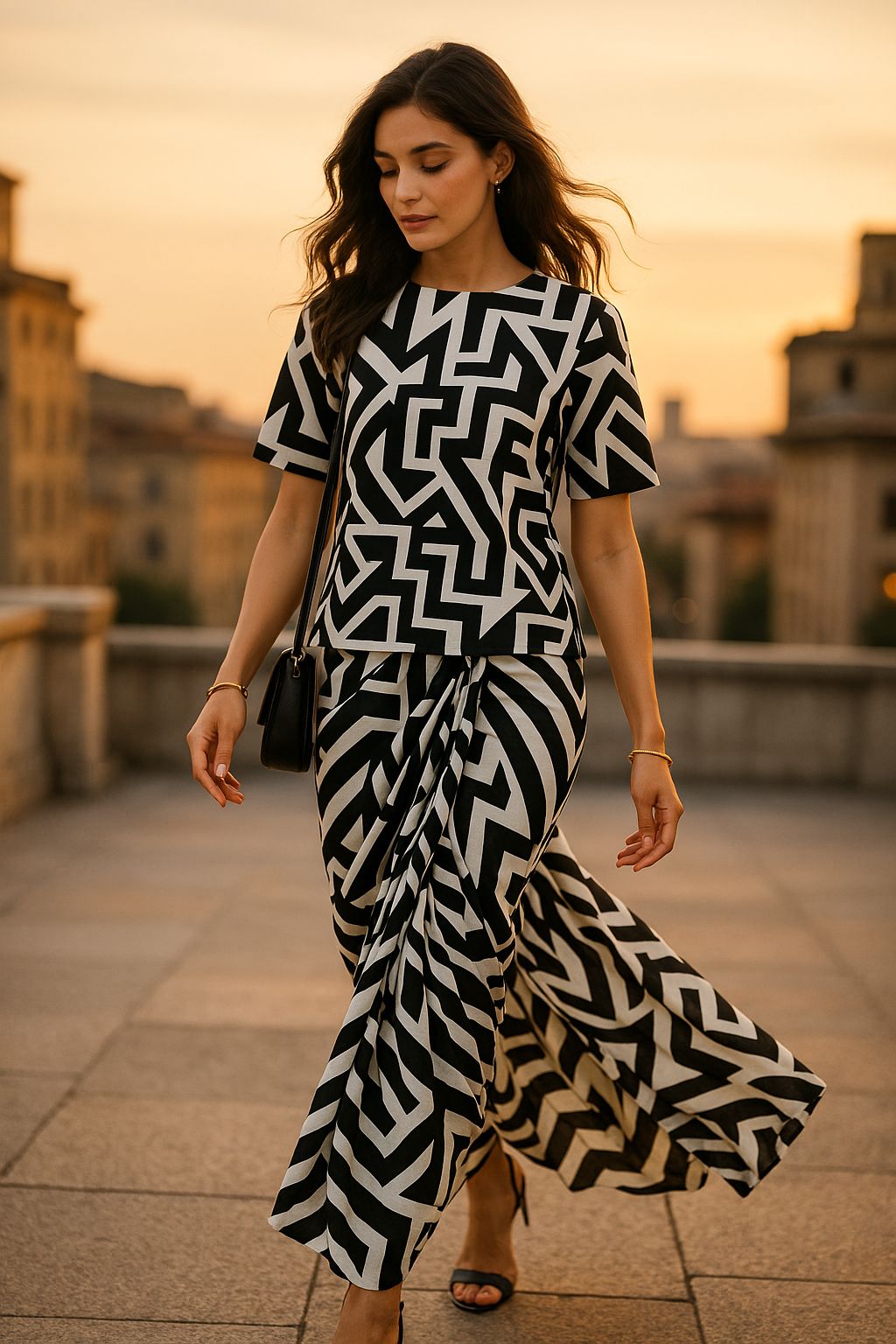 Monochromatic Maze Print Co-ord Set - Chic Black & White Top & Skirt