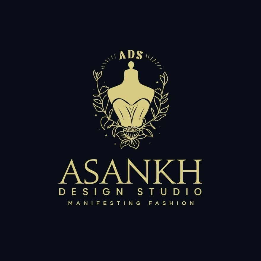 Logo of Asankh Design Studio with a stylized dress form and leaves on a black background.