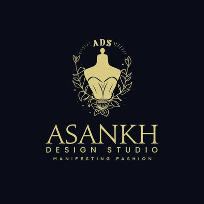 Logo of Asankh Design Studio with a stylized dress form and leaves on a black background.