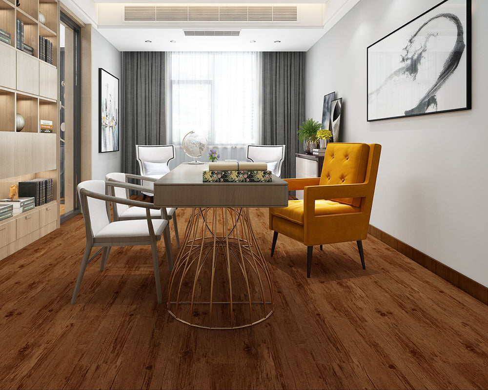 Modern dining room with a yellow chair and wooden table.
