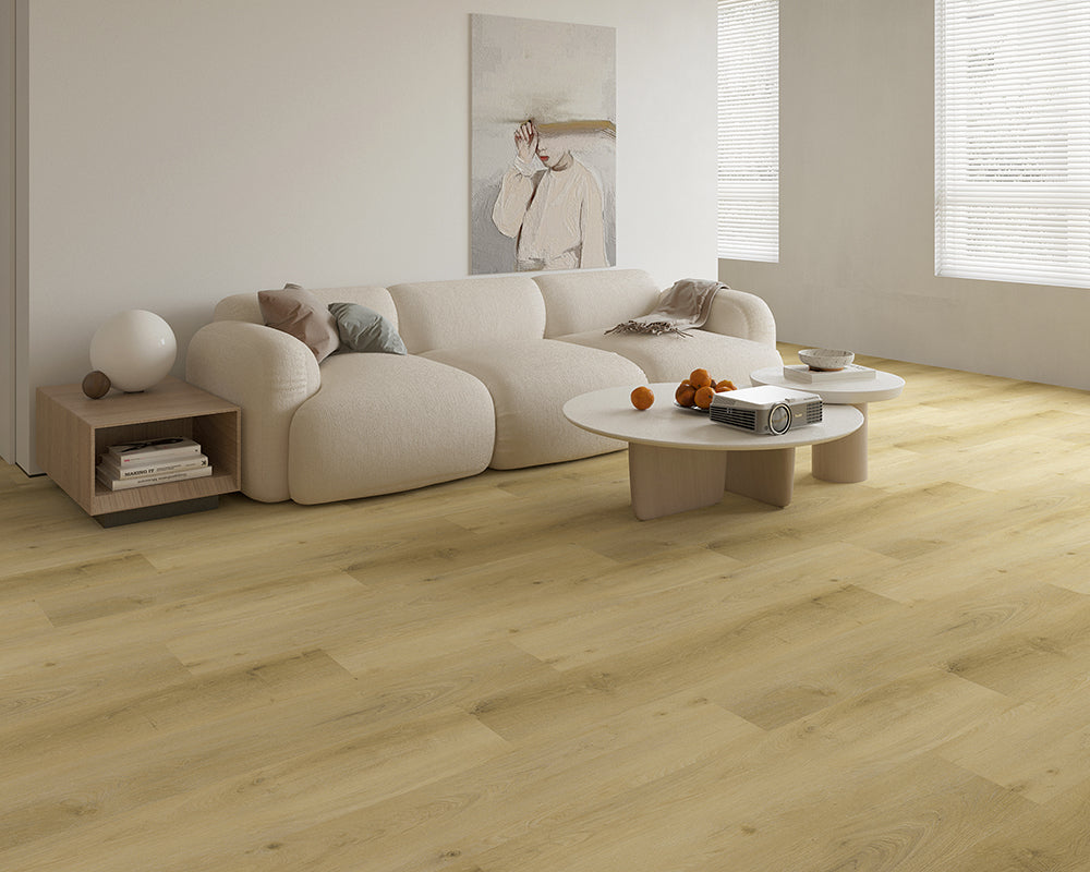 Modern living room with a beige sectional sofa and wooden coffee table.