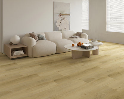 Modern living room with a beige sectional sofa and wooden coffee table.