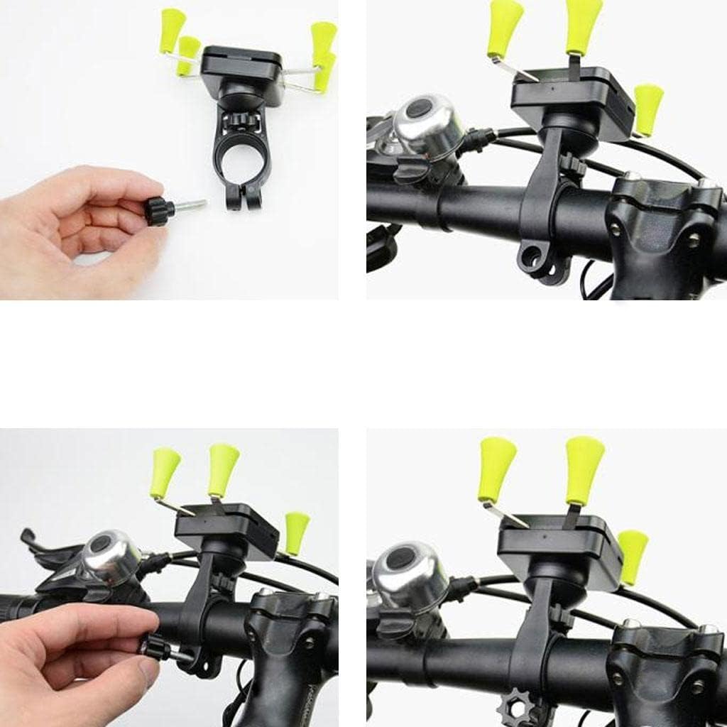 Step-by-step assembly of a bicycle handlebar mount with a hand screwing components into place.