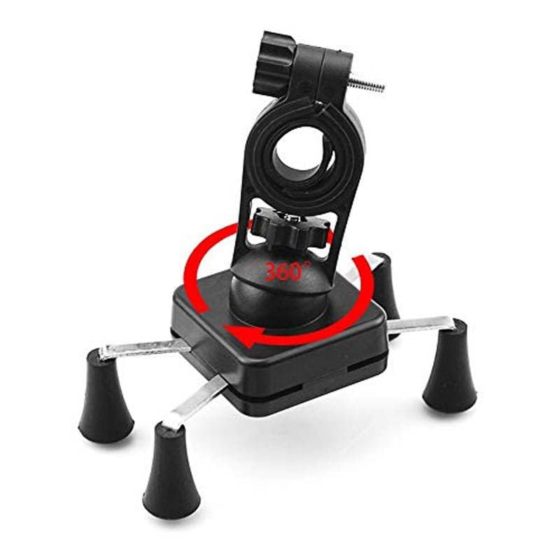Black camera mount with 360-degree rotation feature on a white background