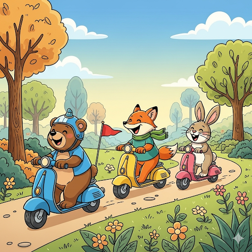 Cartoon bear, fox, and rabbit riding scooters in a forest setting