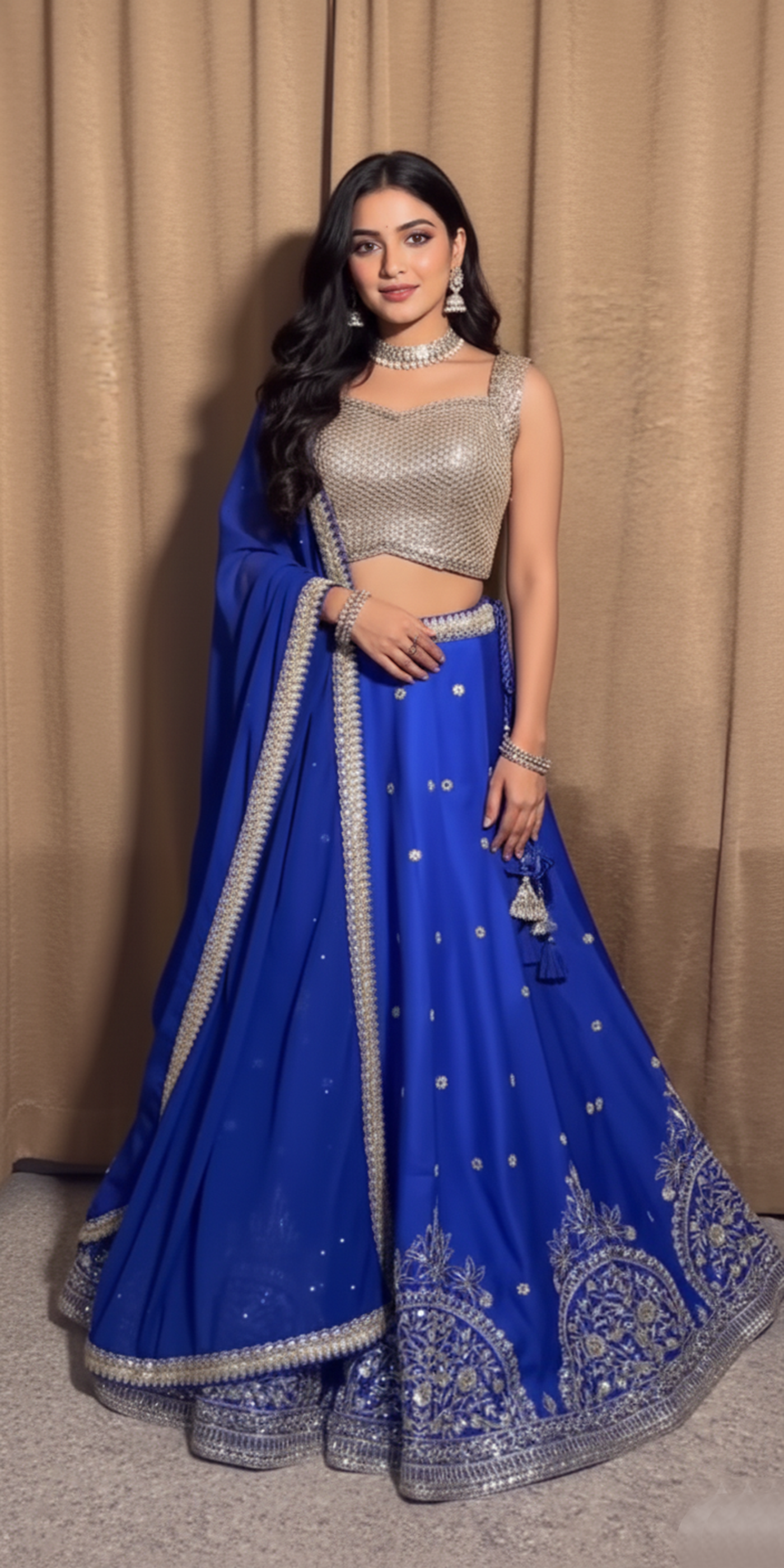 Woman wearing a blue and silver traditional outfit against a beige curtain background