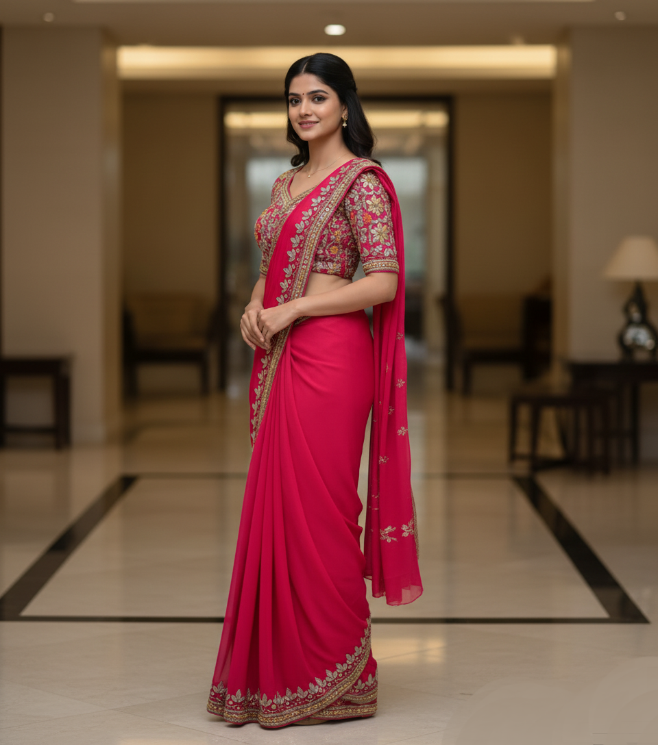 Woman in a bright pink saree with gold patterns standing in an indoor setting.
