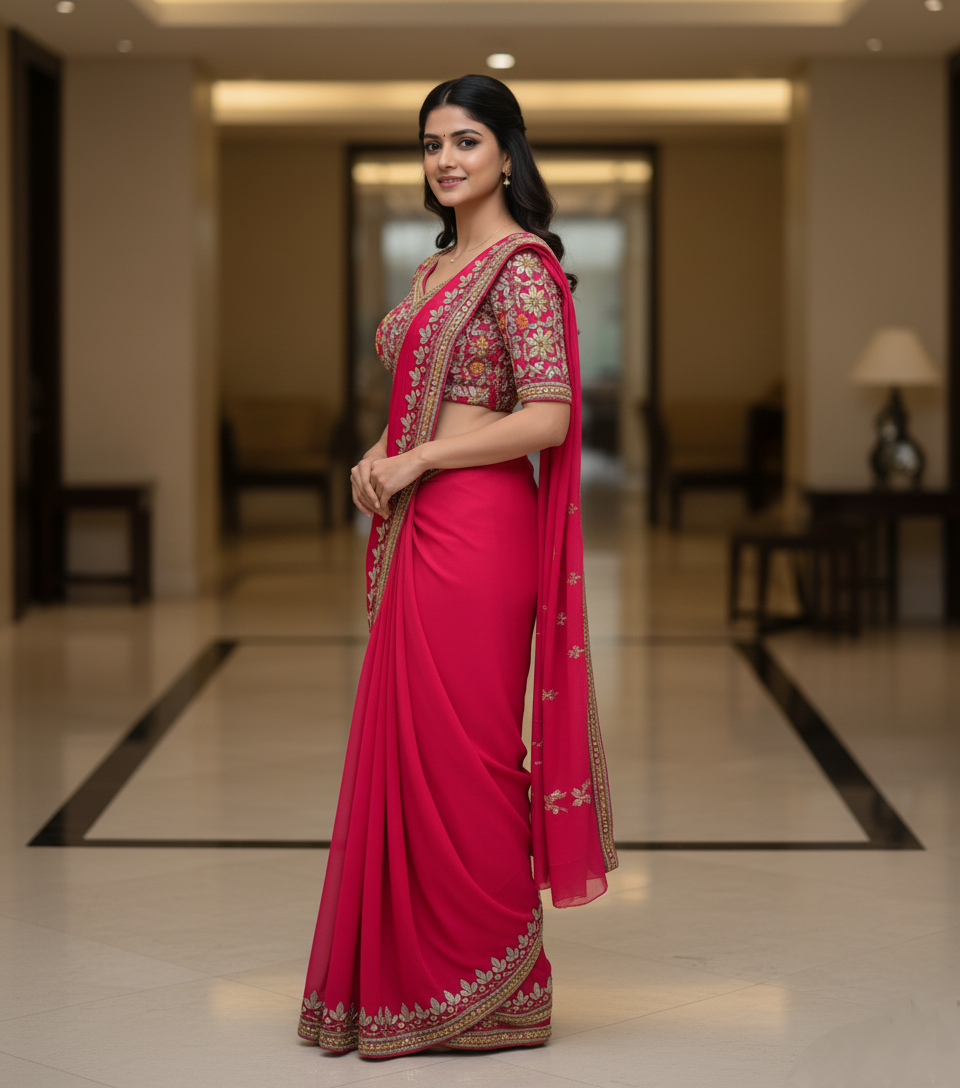 Woman in a pink saree with gold details standing in a well-lit indoor setting.