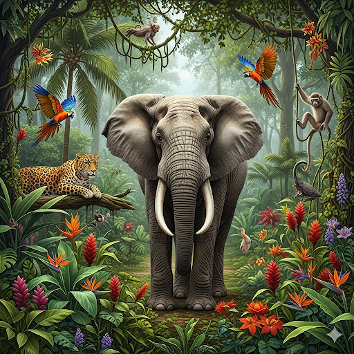 Elephant in a lush jungle with parrots, leopards, and monkeys.