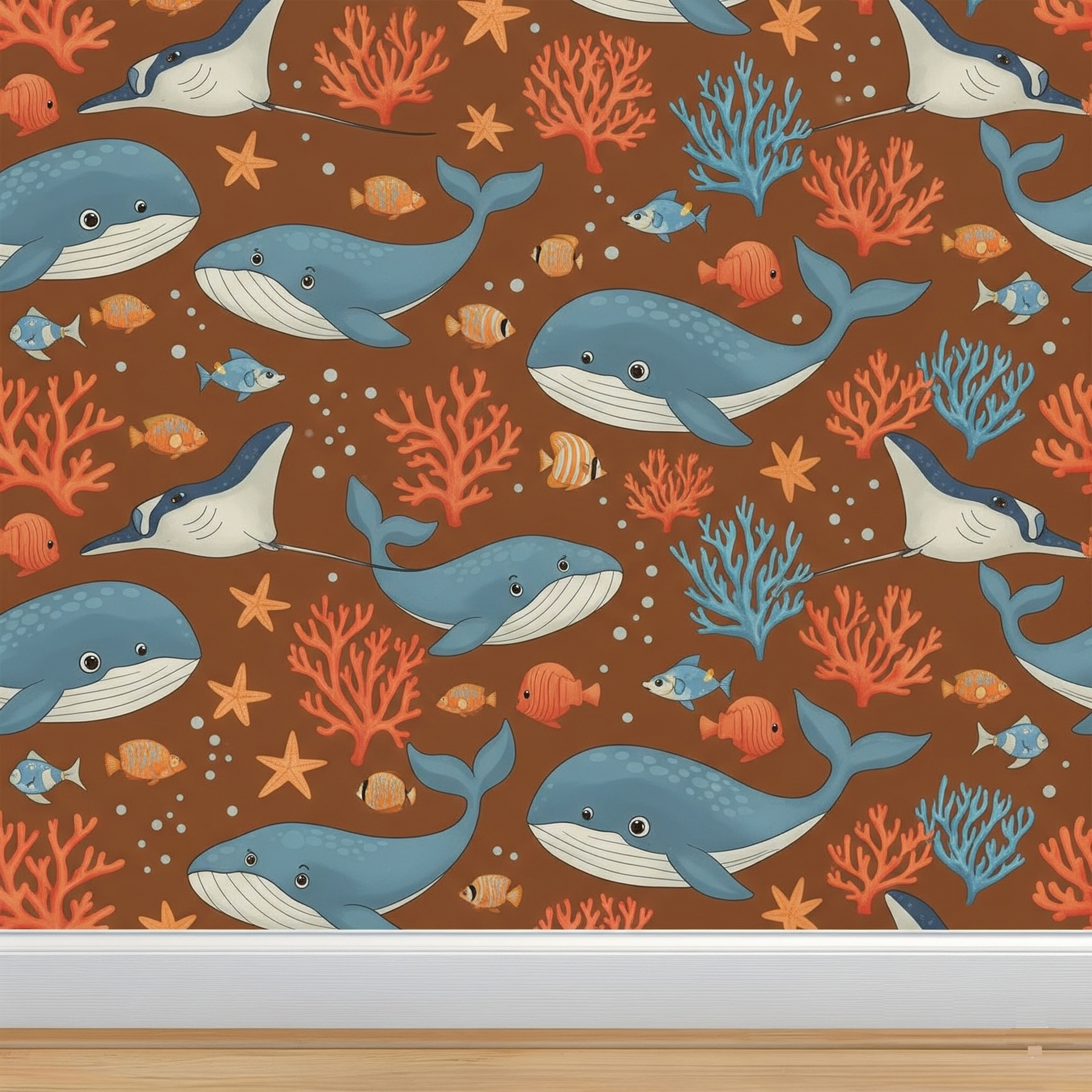 Pattern of whales, fish, and coral on a brown background