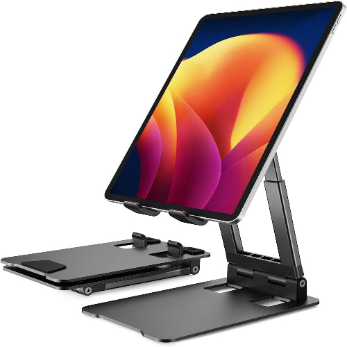 Tablet stand holding a tablet with a colorful display on a white background