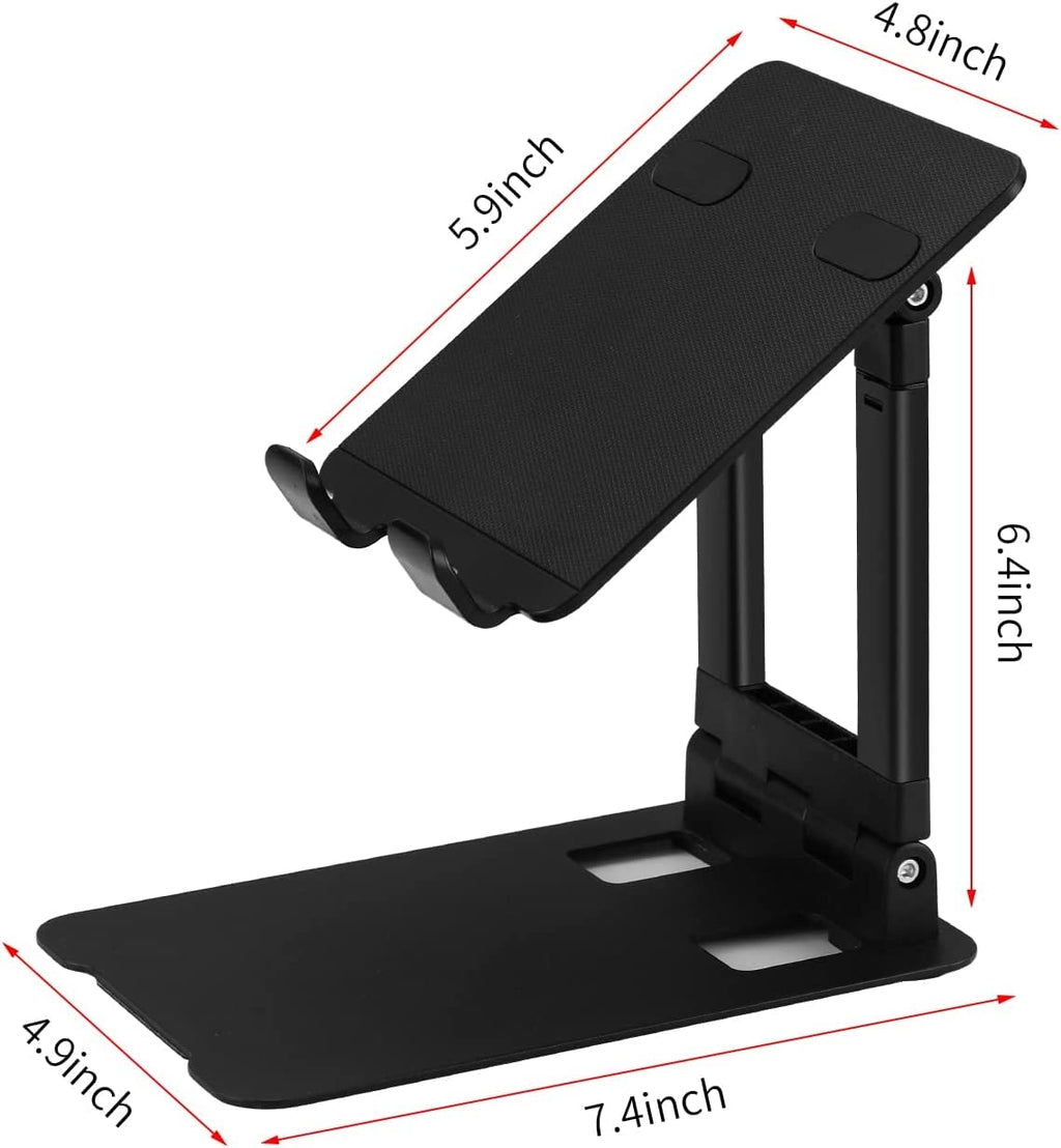 Black adjustable laptop stand with dimensions indicated