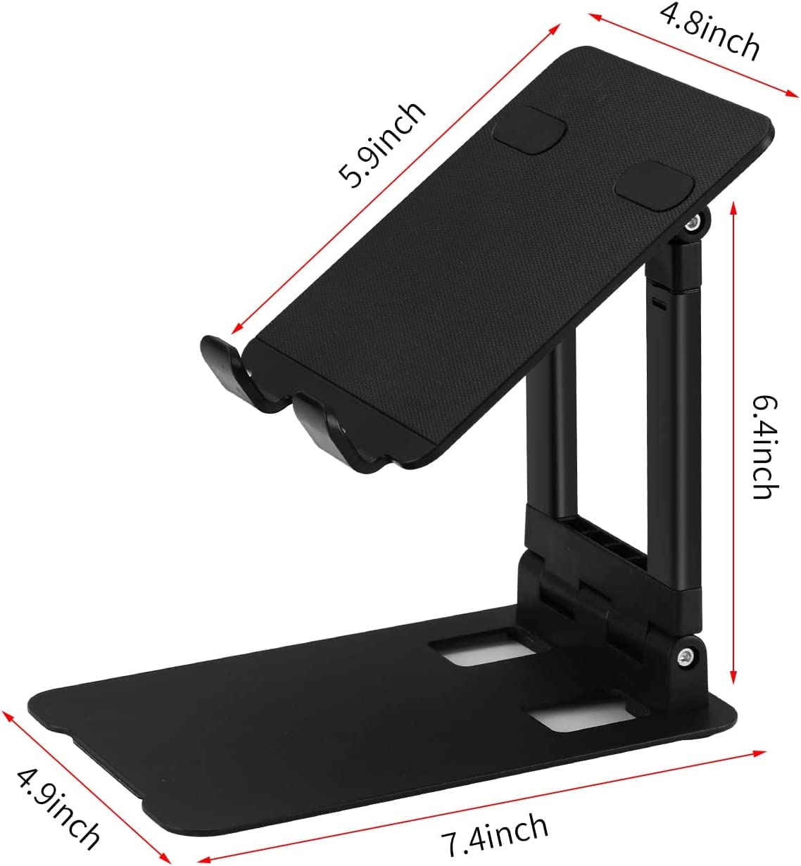 Black adjustable laptop stand with dimensions indicated