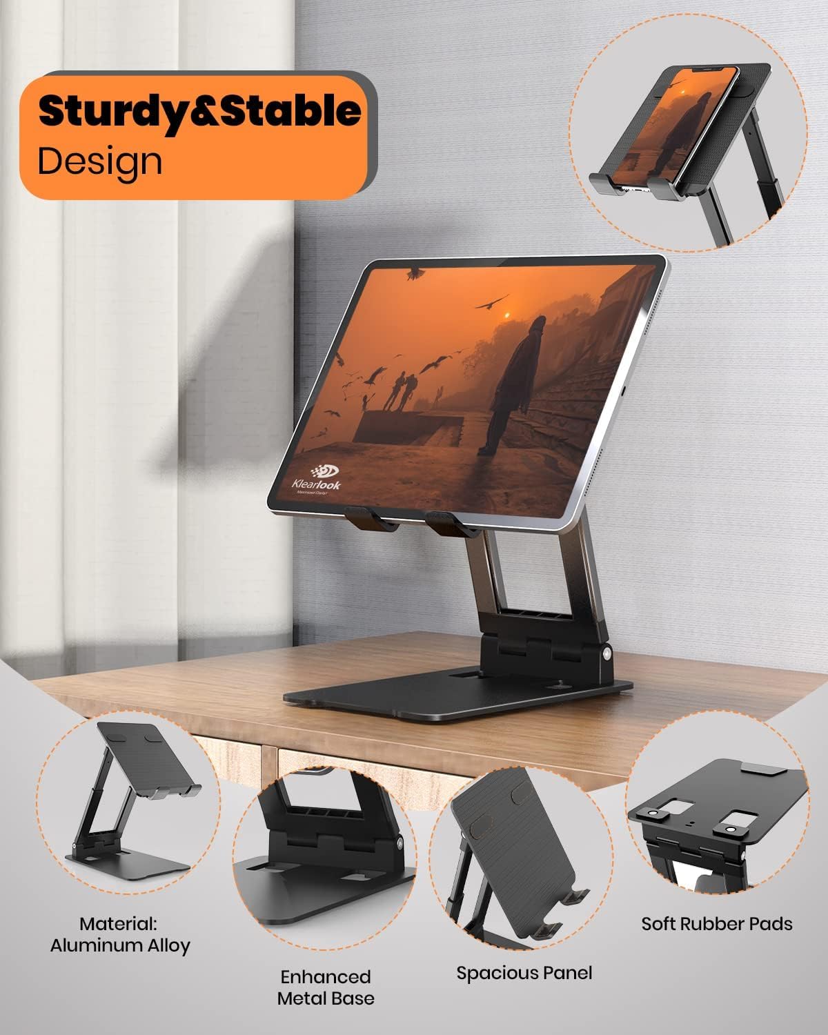 Tablet stand with sunset design on a desk, featuring 'Sturdy & Stable' design text.