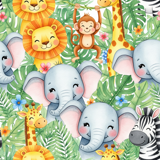 Illustration of cartoon animals including elephants, lions, monkeys, giraffes, and a zebra with green leaves and flowers.