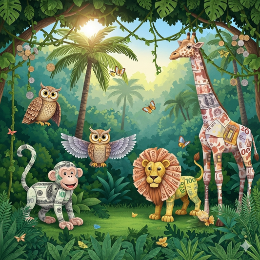 Illustration of animals in a jungle with money-themed design