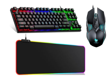A close-up, angled view of a black RGB gaming keyboard from the T-WOLF brand, highlighting the rainbow backlighting on the keys and the 'T-WOLF' logo at the bottom.