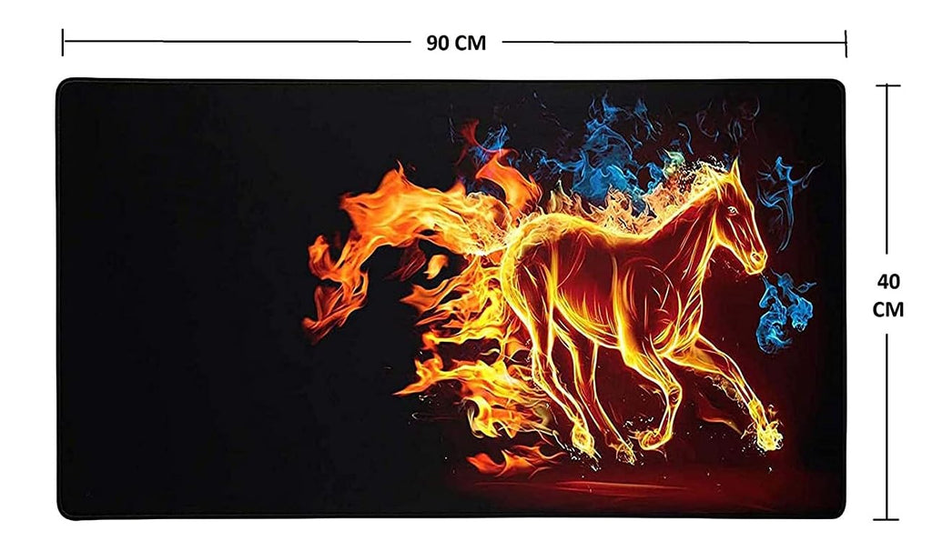 Gaming mouse pad with a fiery horse design and measurements on a black background