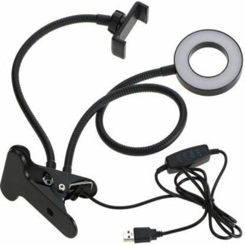 Adjustable and portable cell phone tablet stand with a ring light and USB cable, primarily in black color.
