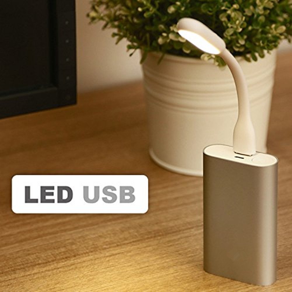 LED USB lamp on a wooden surface with a potted plant in the background
