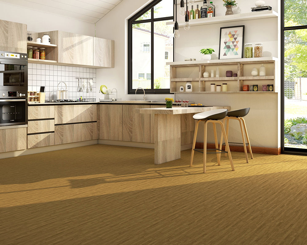 Modern kitchen with wooden floor and island, featuring appliances and decor.