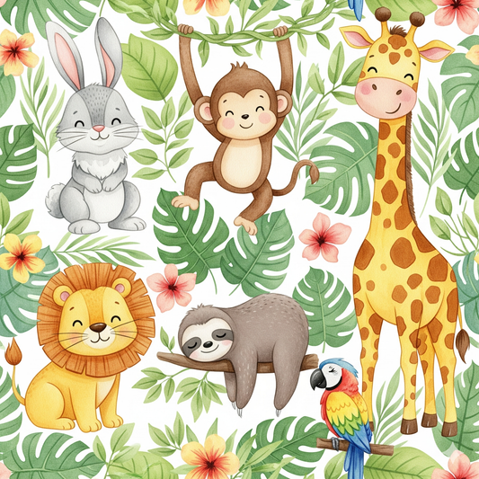 Illustration of cartoon animals including a lion, rabbit, monkey, giraffe, sloth, and parrot on a leafy background.