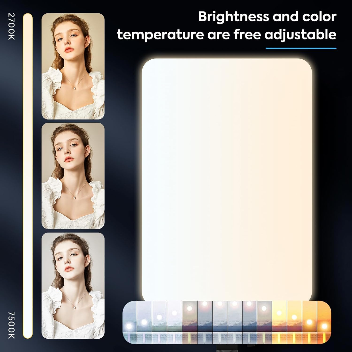 An LED video bi-color panel light with adjustable brightness and color temperature, displayed alongside images showing the effect of different color temperatures on the quality of the light.