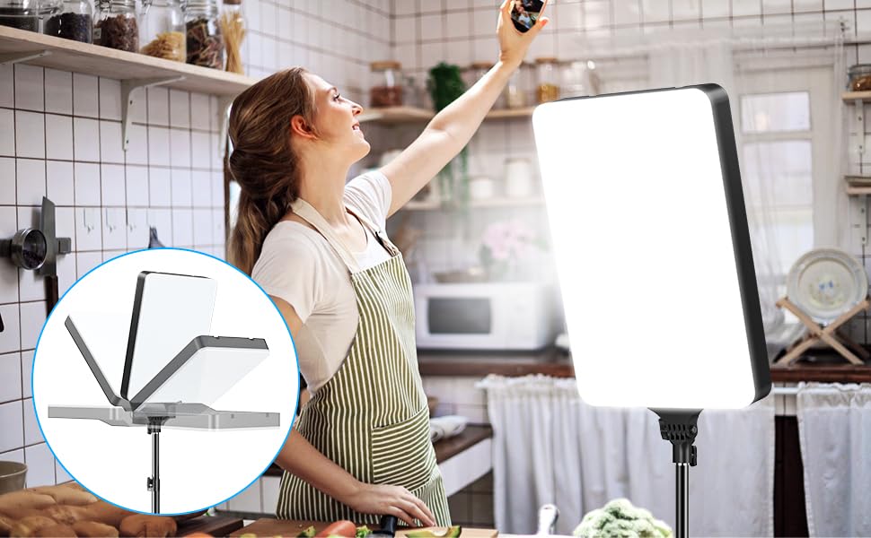 Woman in a kitchen setting with a large LED light panel and inset showing light stand details.