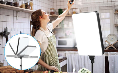 Woman in a kitchen setting with a large LED light panel and inset showing light stand details.