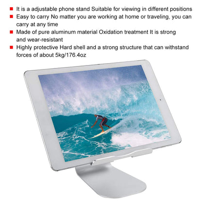 Adjustable phone stand with screen displaying a surfer on a wave, text about product features.