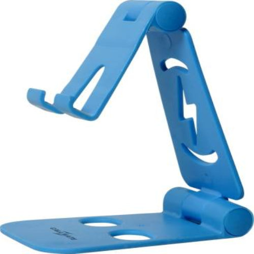 A blue adjustable and foldable cell phone stand with a 360-degree rotating phone holder.