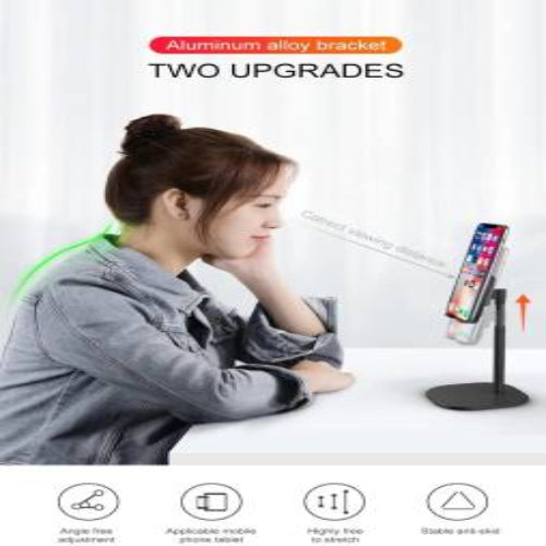 An advertisement image showing a woman using a mobile phone stand that also charges devices. The stand is black and has an adjustable design, indicating features such as angle adjustment and cable management.