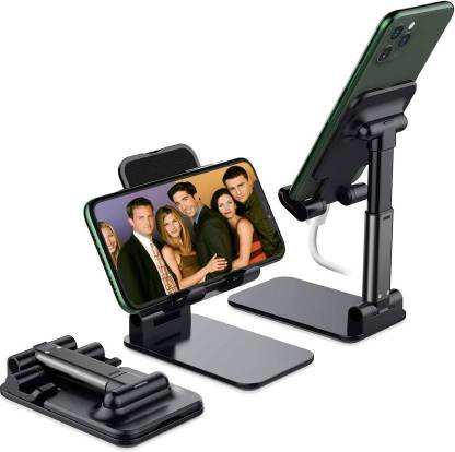 A black mobile phone stand with adjustable parts, shown in different positions to demonstrate its versatility.
