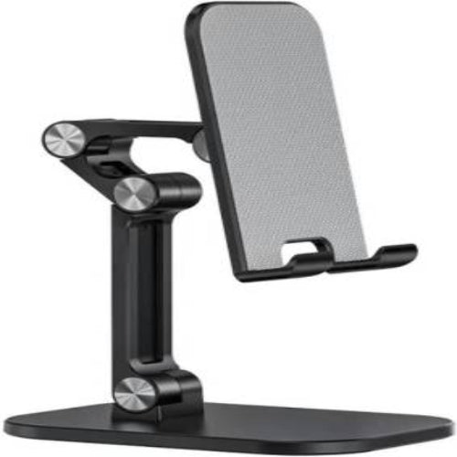 A black adjustable mobile holder with a foldable design and a heavy base, suitable for supporting a tablet or smartphone.