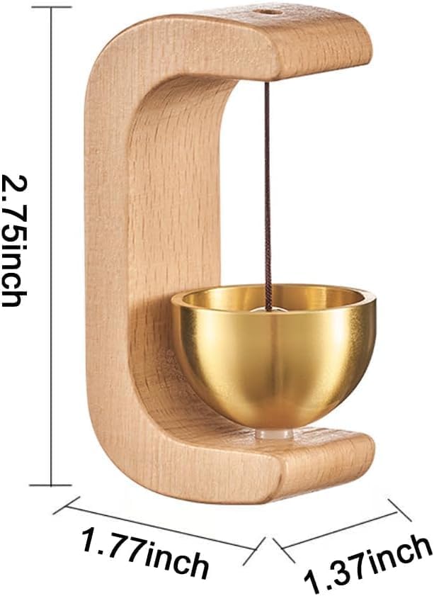Wooden holder with a gold bowl, showing dimensions on a white background