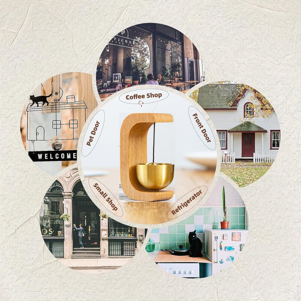 Collage of circular images with different scenes including a coffee shop, front door, small shop, and refrigerator.