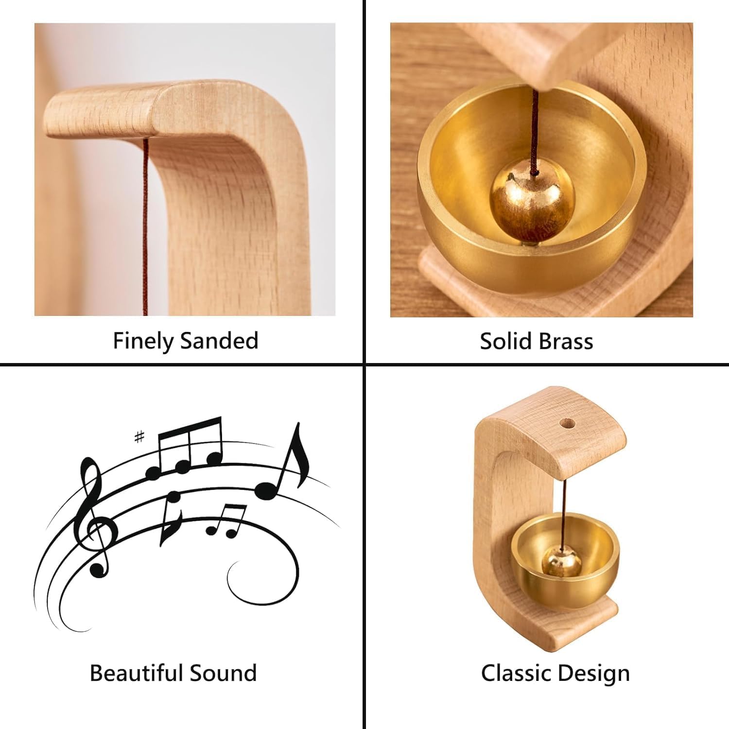 Product features including 'Finely Sanded', 'Solid Brass', 'Beautiful Sound', and 'Classic Design' with corresponding images.