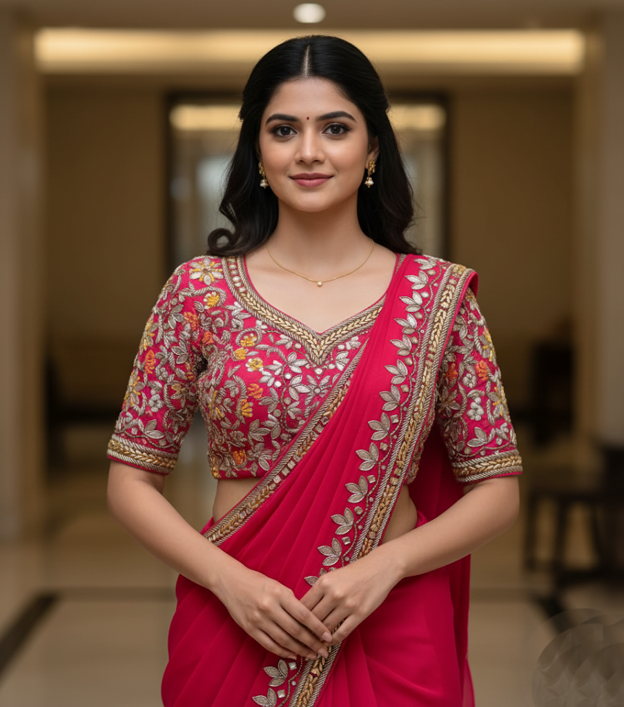 Woman wearing a traditional pink saree with intricate patterns indoors.