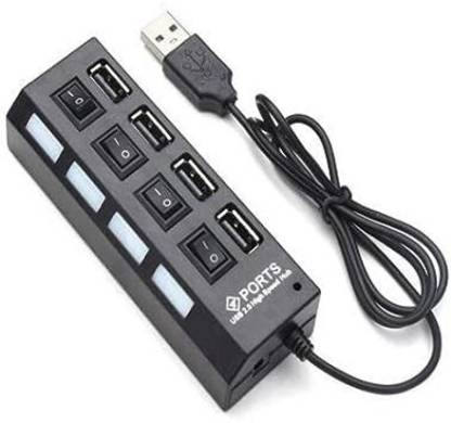  A grid of product photos showing a black 4-port USB 2.0 hub with individual on/off switches and blue LED lights. The images include different angles, a close-up of the ports,