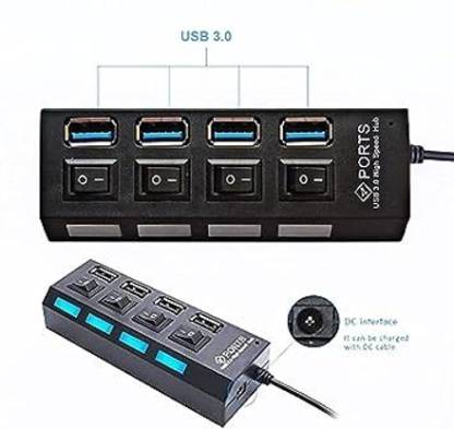 A black 4-port USB 2.0 high-speed hub shown at an angle, with a short cord. The four USB ports and their corresponding on/off rocker switches are clearly visible, as is the name "PORTS" and "USB 2.0 High Speed Hub" printed on the casing.