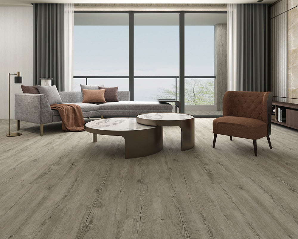 Modern living room with gray sofa, brown armchair, and round coffee table.