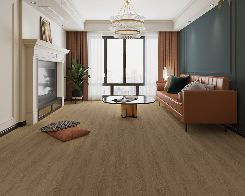 Modern living room with brown sofa, coffee table, and decorative pillows.
