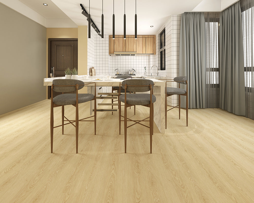Modern kitchen with wooden floor, island, and bar stools.